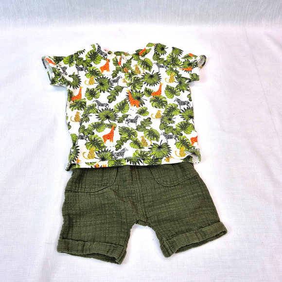 Wonder Nation 18M Boys Safari Short Set Green Linen Shorts Animal Print Top - Picture 2 of 10